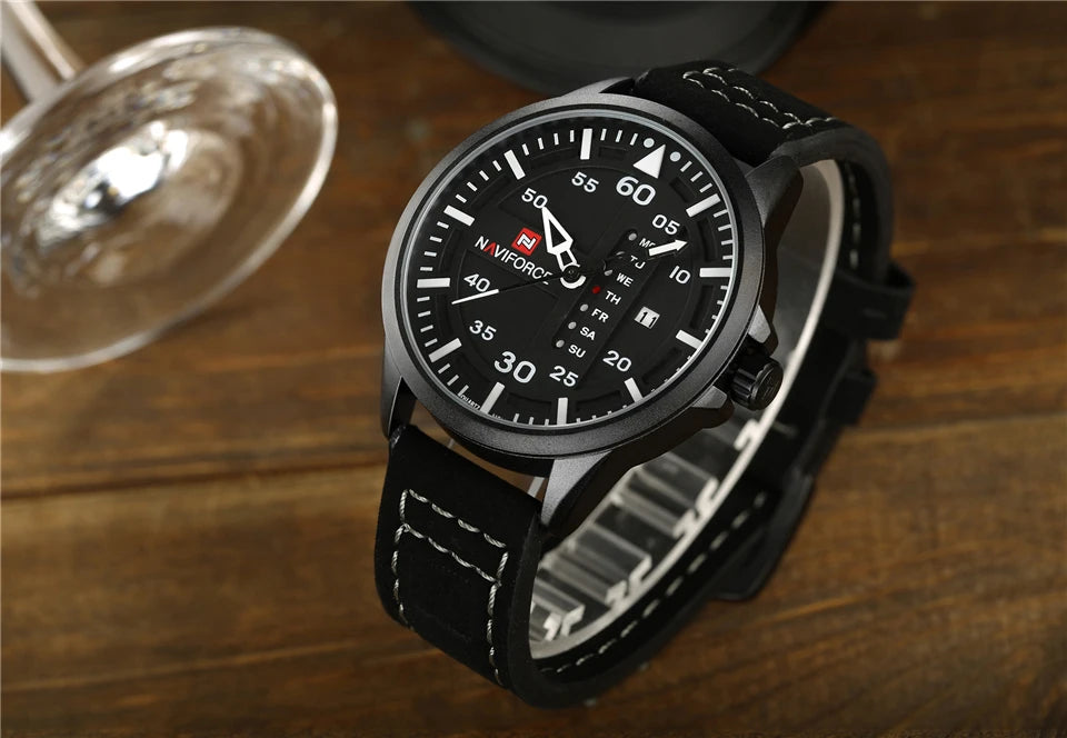 NAVIFORCE Waterproof Military Sport Quartz Men's Watches With Leather Strap White