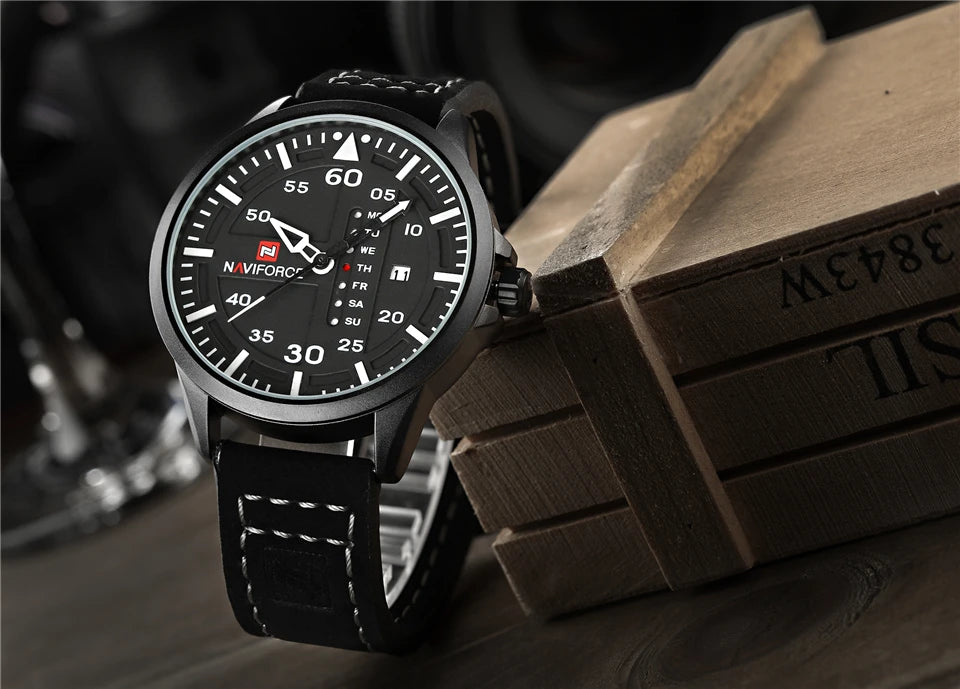 NAVIFORCE Waterproof Military Sport Quartz Men's Watches With Leather Strap White